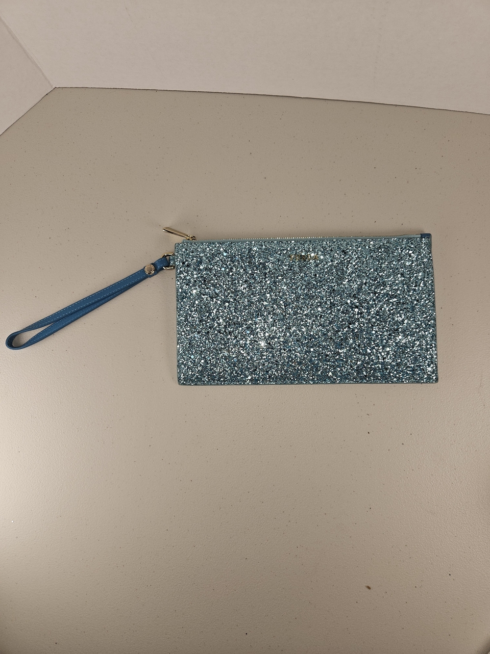 Like New FURLA Teal Blue Glitter Wristlet Clutch